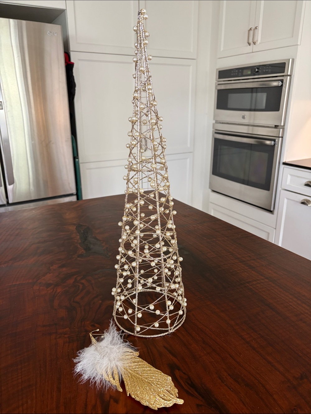 Elegant Gold Wire Holiday Tree Decor - Decorative Cone with Pearls